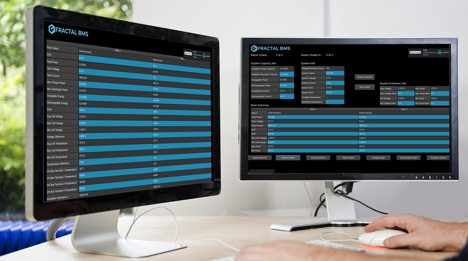 Fractal BMS HMI dashboards on dual monitors