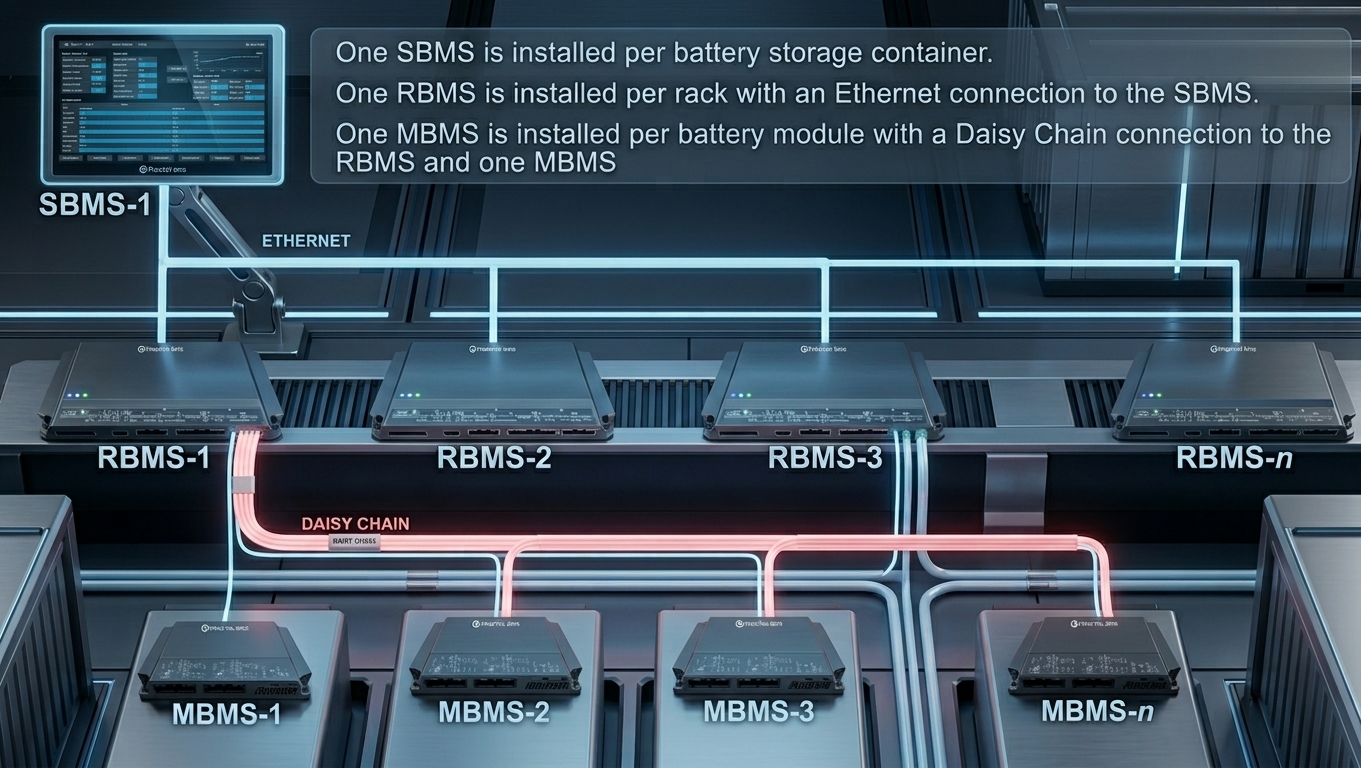 Fractal BMS three-layer architecture: system, rack and module level BMS