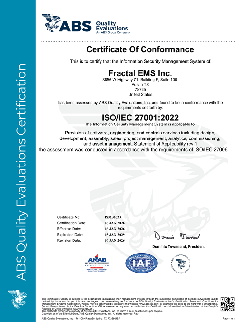 Fractal EMS ISO/IEC 27001:2022 certificate