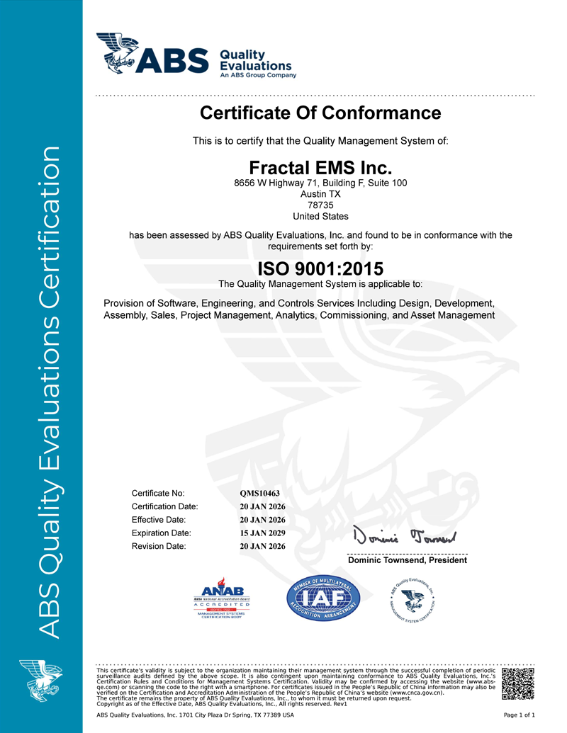 Fractal EMS ISO 9001:2015 certificate