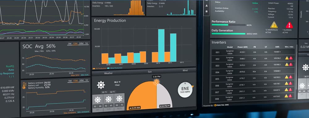 Fractal EMS HMI dashboard with energy production, SOC and inverter widgets