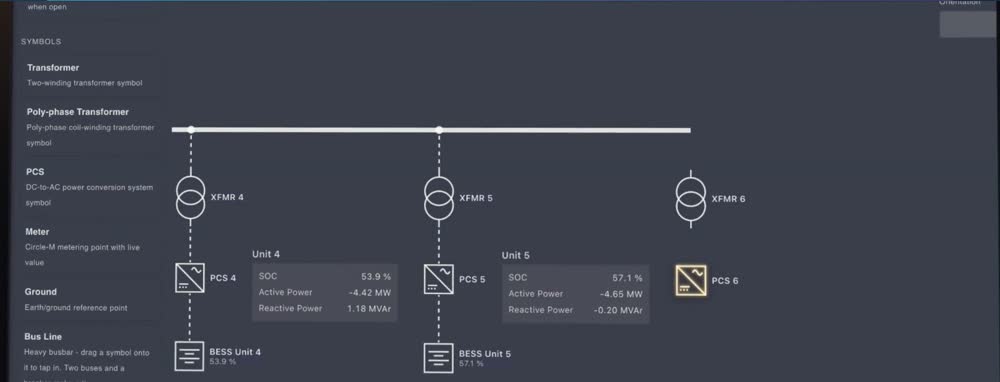 Single-line diagram editor showing transformers, PCS units and live unit values