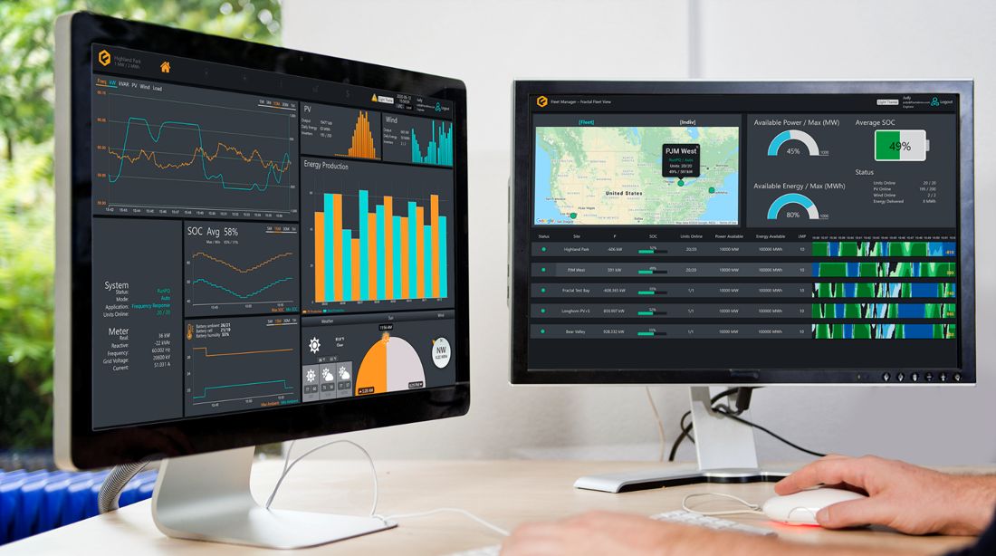 Fractal EMS HMI showing a fleet map and portfolio status